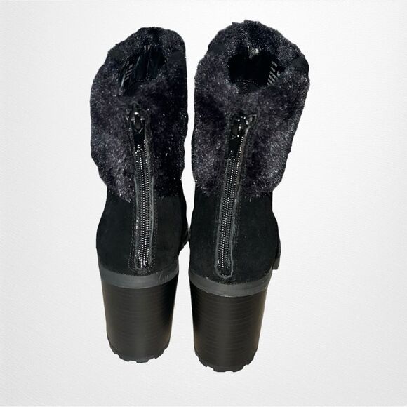 New in Box H By HALSTON Cindy Stacked Heel Suede and Fur Ankle Bootie Size 8